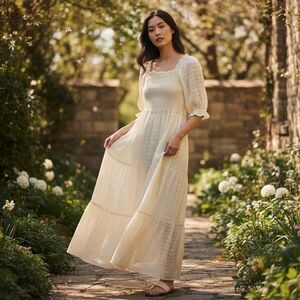 Versona Ivory Tiered Smocked Babydoll Maxi Dress L